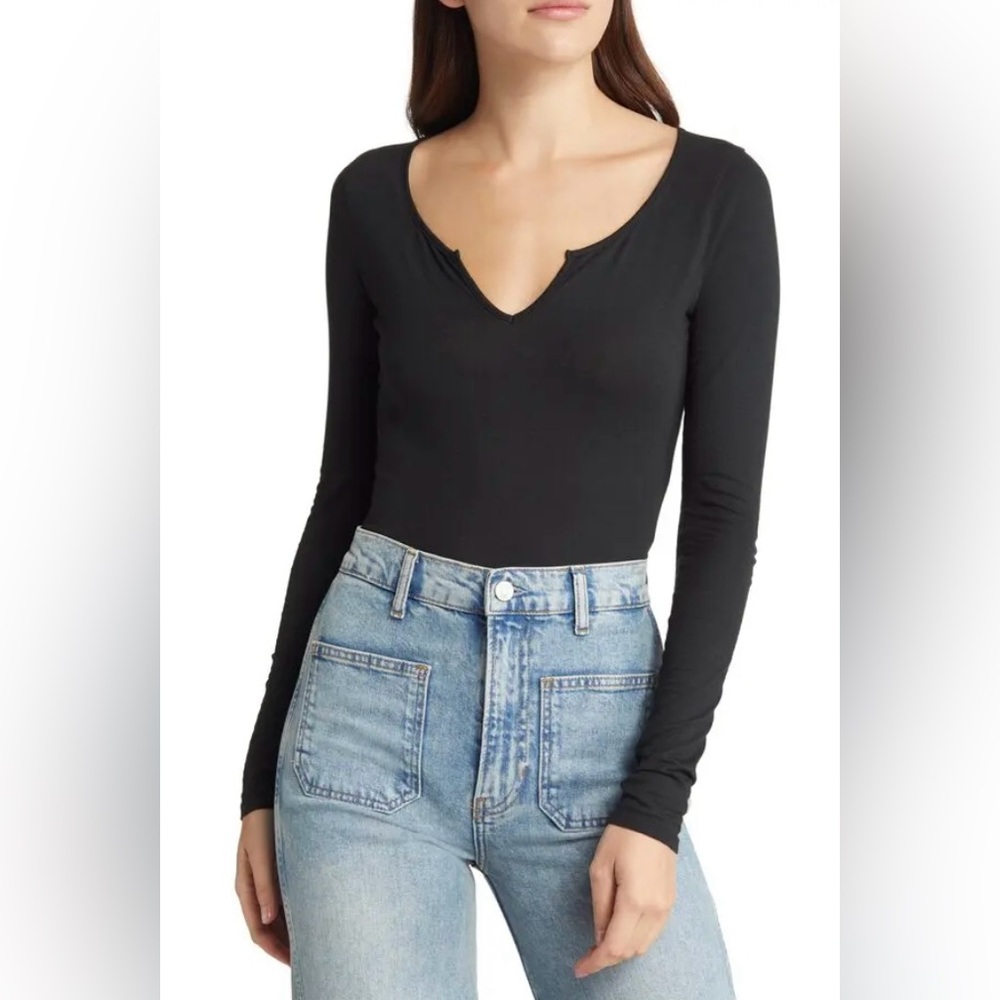 Madewell Pointelle Split Neck Long Sleeve Thong Bodysuit Black Size Small NWOT